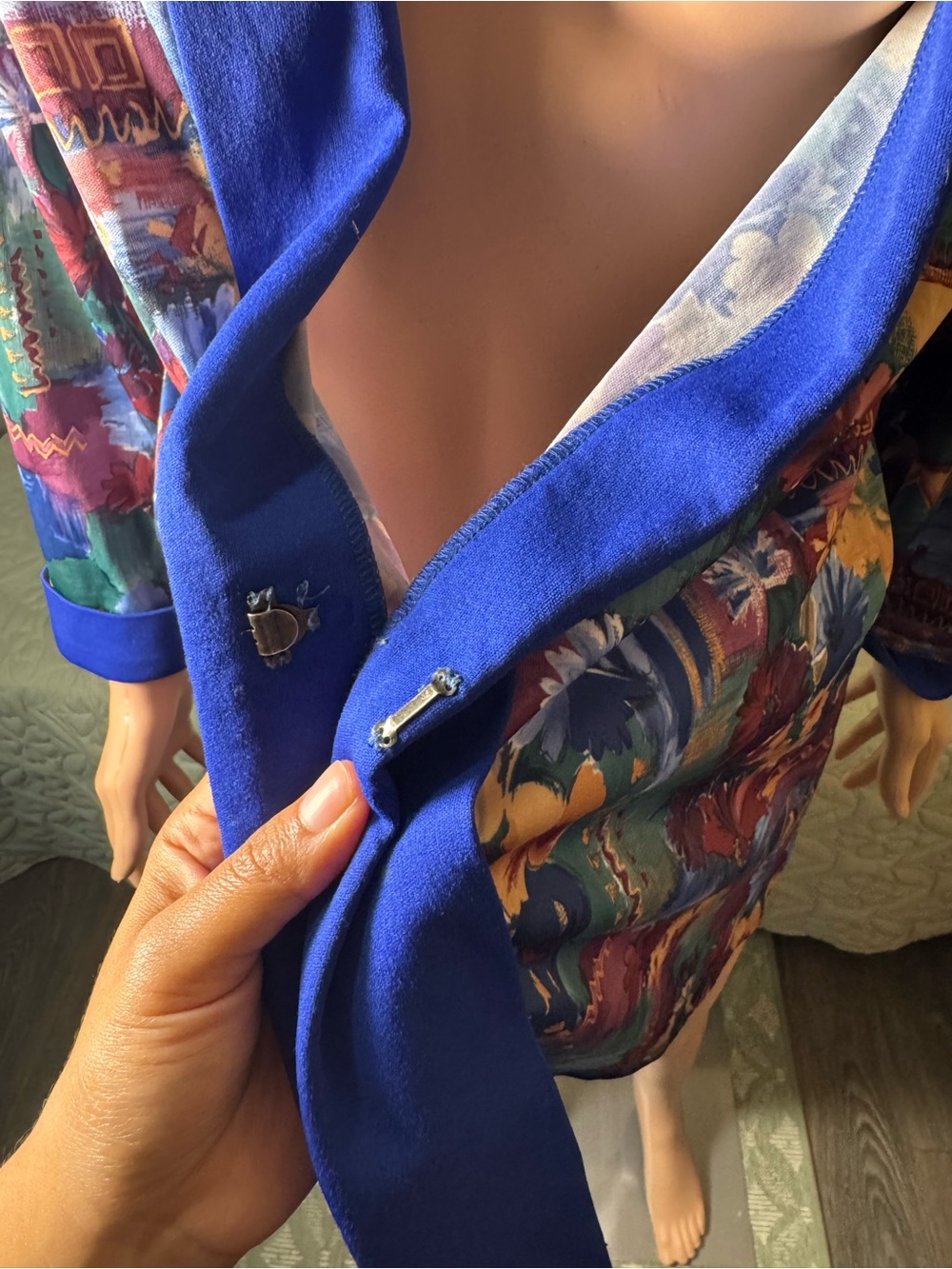 Blair Vintage Floral Open Front Jacket Blazer Blue Trim Oversized L - Picture 3 of 7